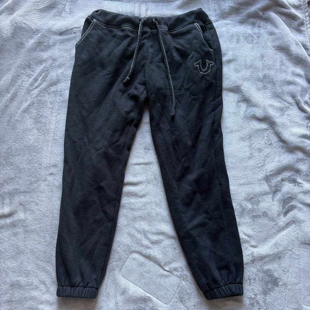 True Religion Big T Mid Rise Jogger Pants Womens M Black Fleece Drawstring Waist